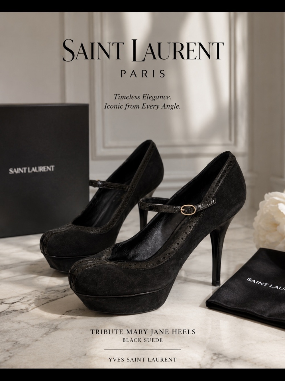 YSL Yves Saint‎ Laurent  Black Suede Heels Tribute Mary Jane luxury women  8.5